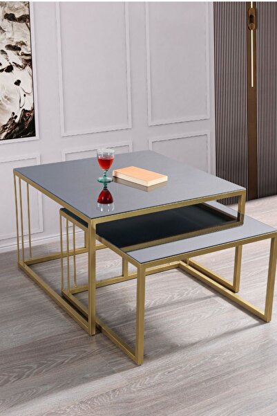 Mobievim Siena Gold Metal Ayaklı Füme Aynalı Orta Sehpa Takımı