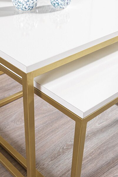 Mobievim SİENA GOLD METAL AYAKLI KREM ÜST TABLA ORTA SEHPA TAKIMI