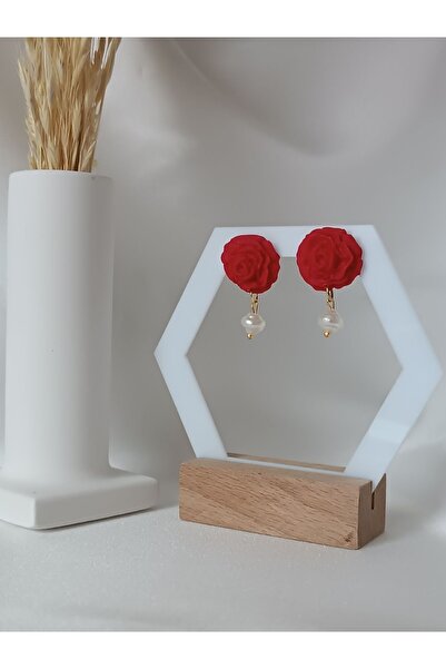 La fee aksesuar KIRMIZI GÜL ÇİÇEK - İNCİ DETAY ÇELİK KÜPE APARATLI TASARIM KÜPE