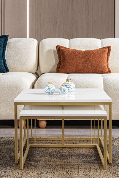 Mobievim SİENA GOLD METAL AYAKLI KREM ÜST TABLA ORTA SEHPA TAKIMI