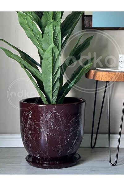 odka 10litre Saksı Tabaklı Çap: 25cmx Yükseklik: 23cm Mia Bordo Mermer Desenli