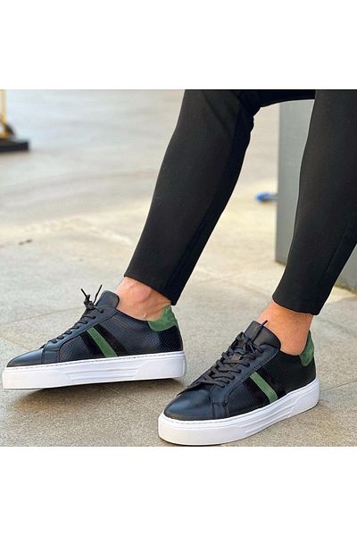 SailLakers جلد أسود، حذاء رجالي يومي برباط من الجلد المدبوغ الأخضر