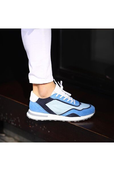 SailLakers - Μπλε, μπλε σουέντ, λευκά δερμάτινα ανδρικά παπούτσια casual με κορδόνια 101-9002-H1255