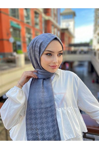 ŞahTan Houndstooth Pattern Gray Cotton Jacquard Shawl