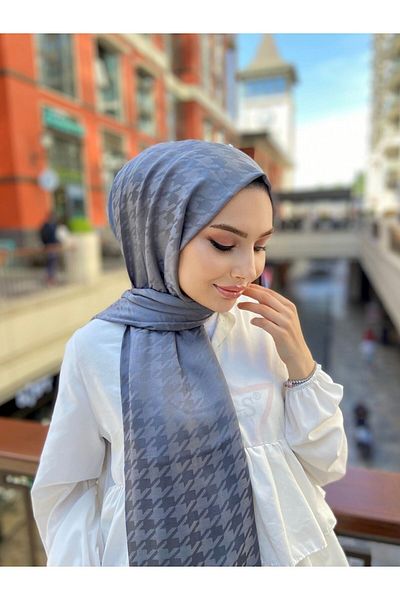 ŞahTan Houndstooth Pattern Gray Cotton Jacquard Shawl