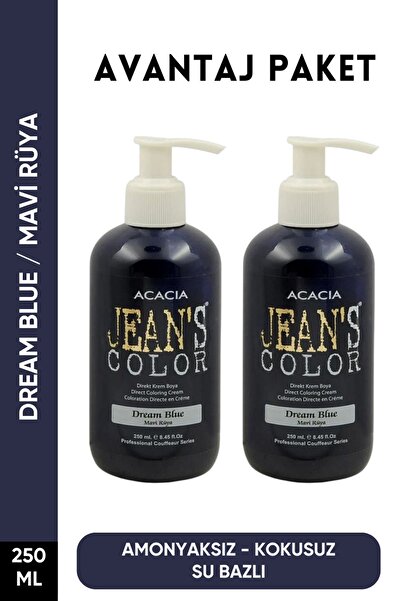 jeans color Amonyaksız Mavi Rüya Renkli Saç Boyası 250 Ml x2 Adet Kokusuz Su Bazlı Dream Blue Hair Dye