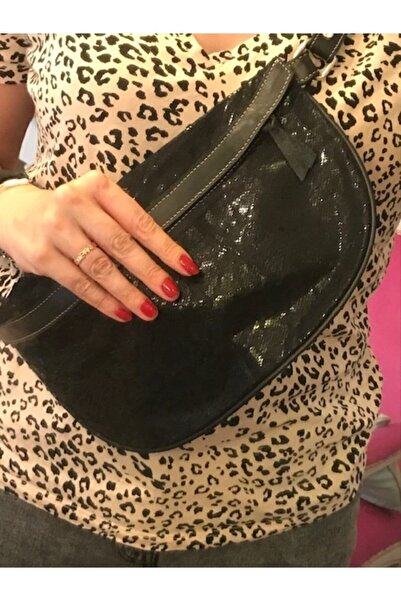 Pinkylola Moon Model Siyah Işıltılı Yılan Baskılı Hakiki Deri Bel & Gögüs Omu...