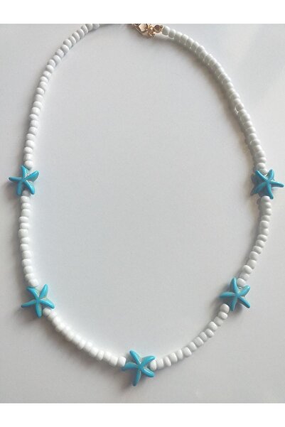 wundaf tasarım قلادة نجم البحر الأزرق المطرزة بالخرز الأبيض
