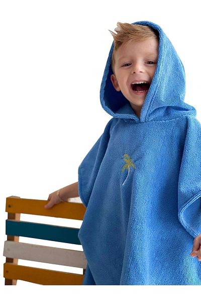Miami Beach Children - Saks Blue Palm Embroidered Quick Water Absorbing Hooded Bath Pool Beach Poncho Towel