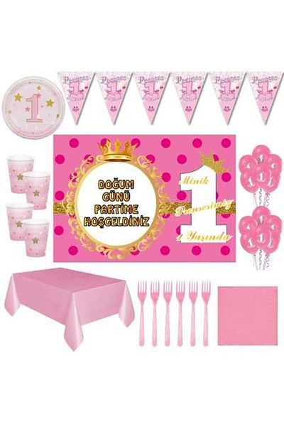 Parti Furyası 24 Person Birthday Ornaments for 1 Year Old Girl - With Banner