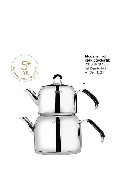 Nehir Modern Midi Medium Size 1-2 Lt. Stainless Steel Teapot Set