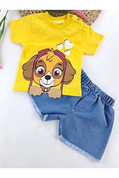 Butik Kız Çocuk Kot Şort Tişort İkili Takım Baskı Detaylı