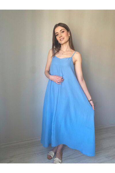 Niceboutique İp Askılı Tam Boy Salaş Elbise Bebe Mavisi