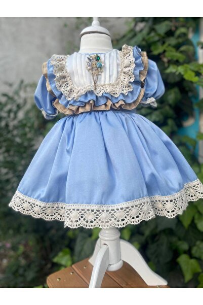SAYUKER SHOP Dantel Detaylı Mavi Vintage Kız Çocuk Konsept Elbise