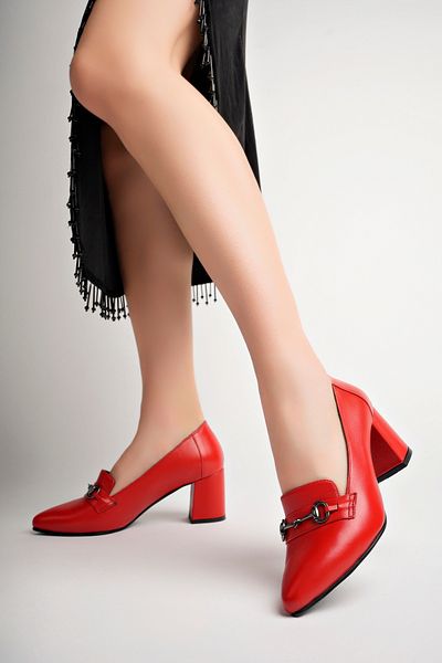 Akgün Terlik Women's Genuine Leather Red Buckle Detailed Heeled Shoes