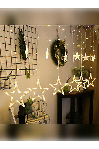 rkm store Dekoratif Yıldızlı Perde Led – 12 Sarkıt Saçak Led Gün Işığı Fişli Eklemeli 8 Fonksiyonlu Aydınlatma