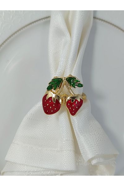 Aksesuar 6-Piece Double Strawberry Patterned - Red Green Enameled and Gold Plated Ring Napkin Ring