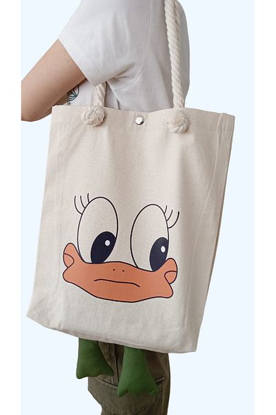 Lessa Home Gabardine Fabric Rope Strap Snap Detailed Figure Printed Gusseted Shoulder Strap Cloth Bag