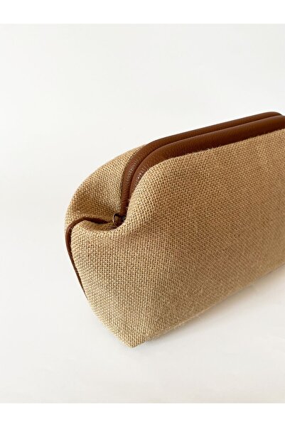 HEYBE'S Women's Brown Ribbed Bow Detailed Detachable Handle Jute Straw Shoulder and Hand Bag