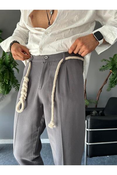 THEMANN Halat Kemer Detaylı Gri Keten Pantolon