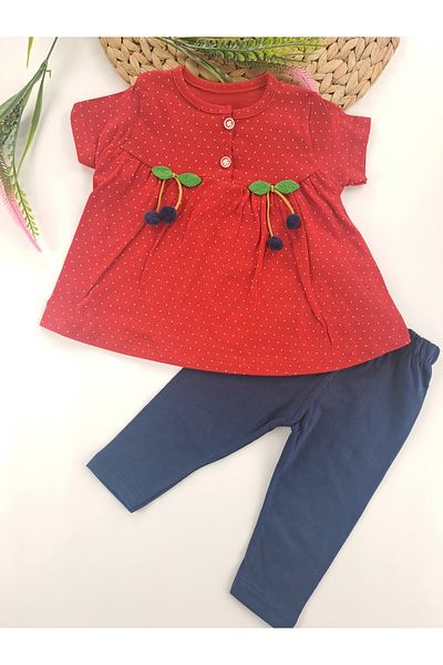 Butik Red Blue Tights and T-Shorts Set for Girls/Baby - Cherry Detailed Summer