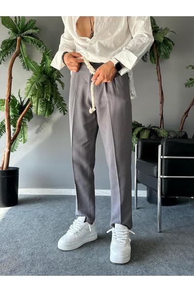 THEMANN Halat Kemer Detaylı Gri Keten Pantolon