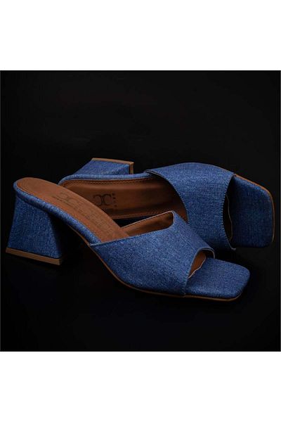 ELF Blue Denim Detailed Heeled Women's Slippers Shoes