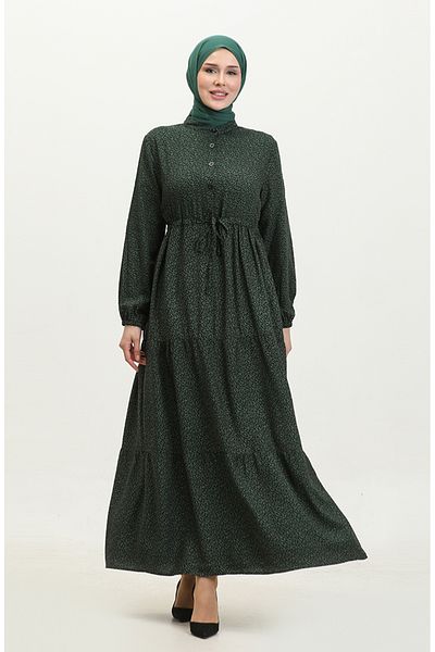 sefamerve Gathered Waist Viscose Dress 0374-01 Dark Green