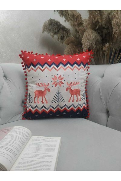 Alkan Homes Double Sided New Year's Themed Deer Patterned Pompom Modern Throw Pillow Cover