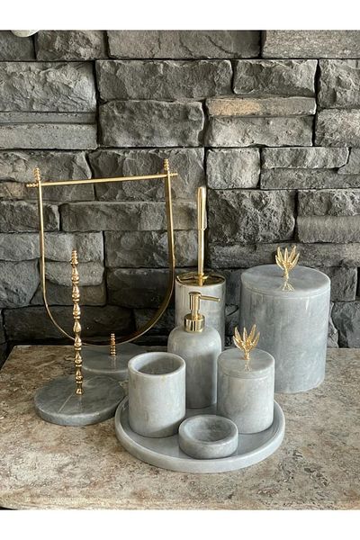 ege gross Gray Natural Marble Gold Olive Branch Accessory 9-Piece Bathroom Set