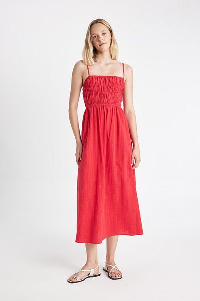 DeFacto Rotes Maxikleid mit Schlitz in Leinenoptik - Riemchen C9236AX24SM