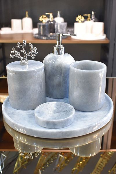ege gross PALERMO Gray 5-Piece Marble Bathroom Set with Silver Decoration