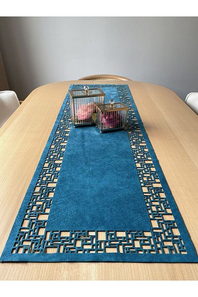 Ergüven Home Blue Suede Fabric Runner 40x140 cm Μήκος τραπεζιού - Γεωμετρικό τετράγωνο σχέδιο