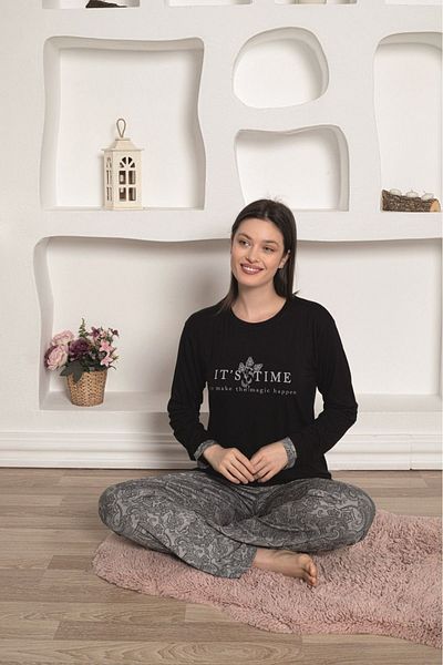 KAPİTEX Set de pijamale negru cu mânecă lungă și decolteu
