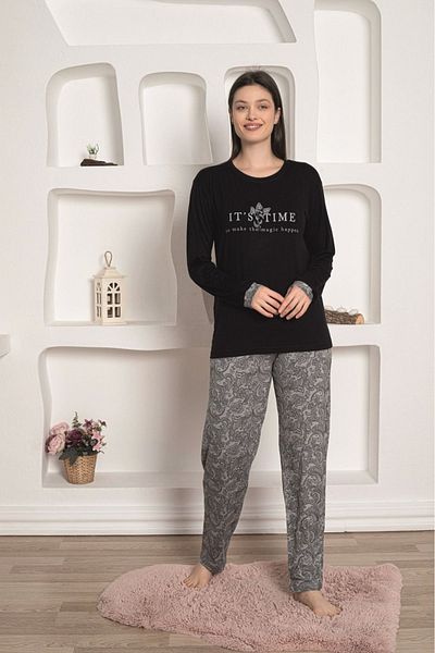 KAPİTEX Set de pijamale negru cu mânecă lungă și decolteu