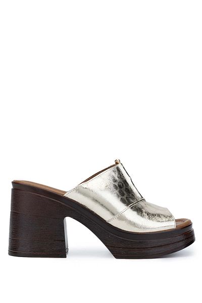 Tamer Tanca Genuine Leather Women's Gold Heeled Slippers
