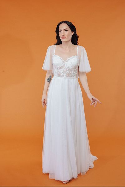 bride in love فستان زفاف بأكمام منقوشة، من التول الليكرا، مقاس شفاف، فستان زفاف