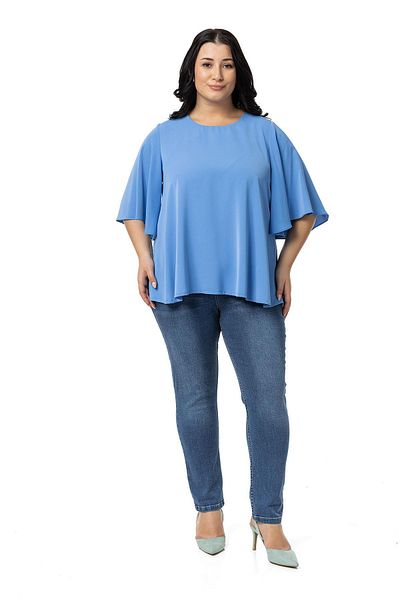 DISENTIS MODEST Large Size Indigo Blouse with Flare Sleeves - Short Sleeve