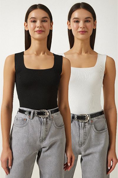 Housess 2-Piece Thick Strap Crop Blouse and Undershirt Set for Women - Summer Square Collar, Knitwear Fabric