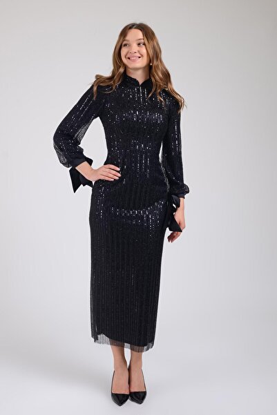 SpringStore Siyah Pul Payetli Tesettür Abiye Elbise