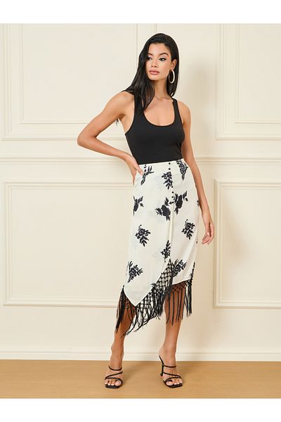 Styli Floral Print Tassel Hem Wrap Skirt