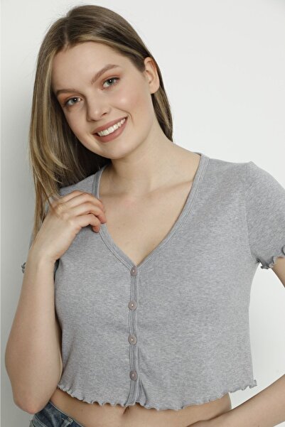 HUKA Teks Grey Crop Κοντό μπλουζάκι με κουμπί μπροστά