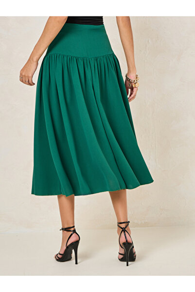 Styli Wide Waistband Plicated A-Line Midi Skirt
