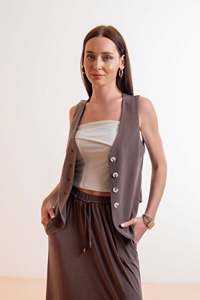 Laranor Ασύμμετρο σχέδιο - Milk Coffee V Neck Classic Γιλέκο