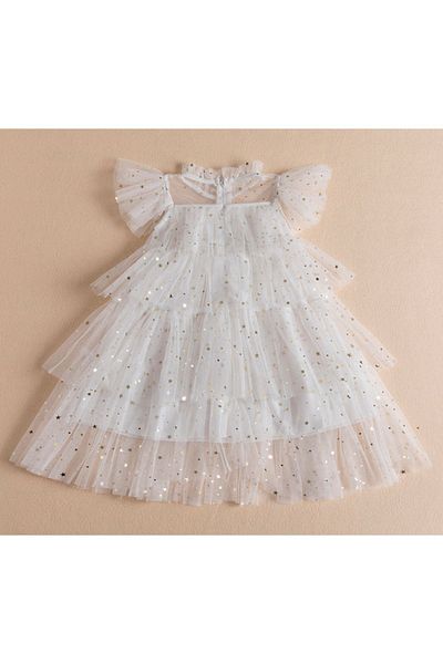 Petityu Tutu Bright White Girl's Cute Layered φόρεμα με αστέρια για γενέθλια