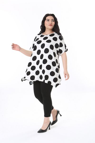 XL Modam Plus Size Black and White Polka Dot Patterned Tunic