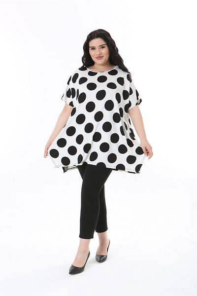 XL Modam Plus Size Black and White Polka Dot Patterned Tunic