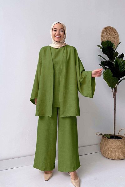 Ka Hijab Σετ Λινών Τριπλό Χακί Χρώμα