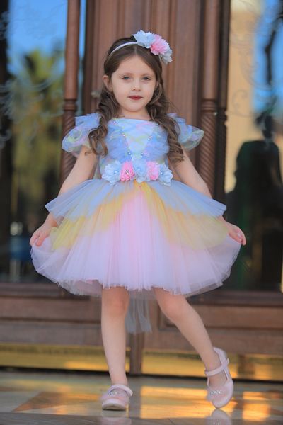 MİSS RAİN Special Strap Cut Multicolor Flower Detail Towel Girl's Evening Dress - Accessory Gift