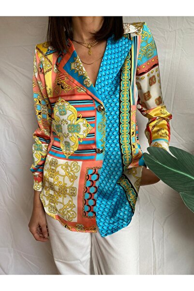 HANGOUT ŞİFON SATEN CEKET - Dots Blue, Vatkalı Blazer, Desenli Ceket